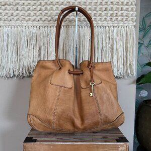 Vintage Fossil Tan Genuine Leather Round Shoulder Strap Key Charm Large Hobo Bag